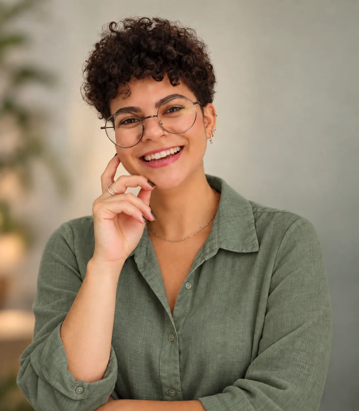 Poliana Almeida sorrindo, com camisa verde